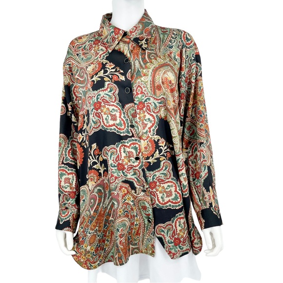 Zara Tops - Zara Black Brown Multi Paisley Print Button Up Satin Blouse Long Sleeve Shirt L